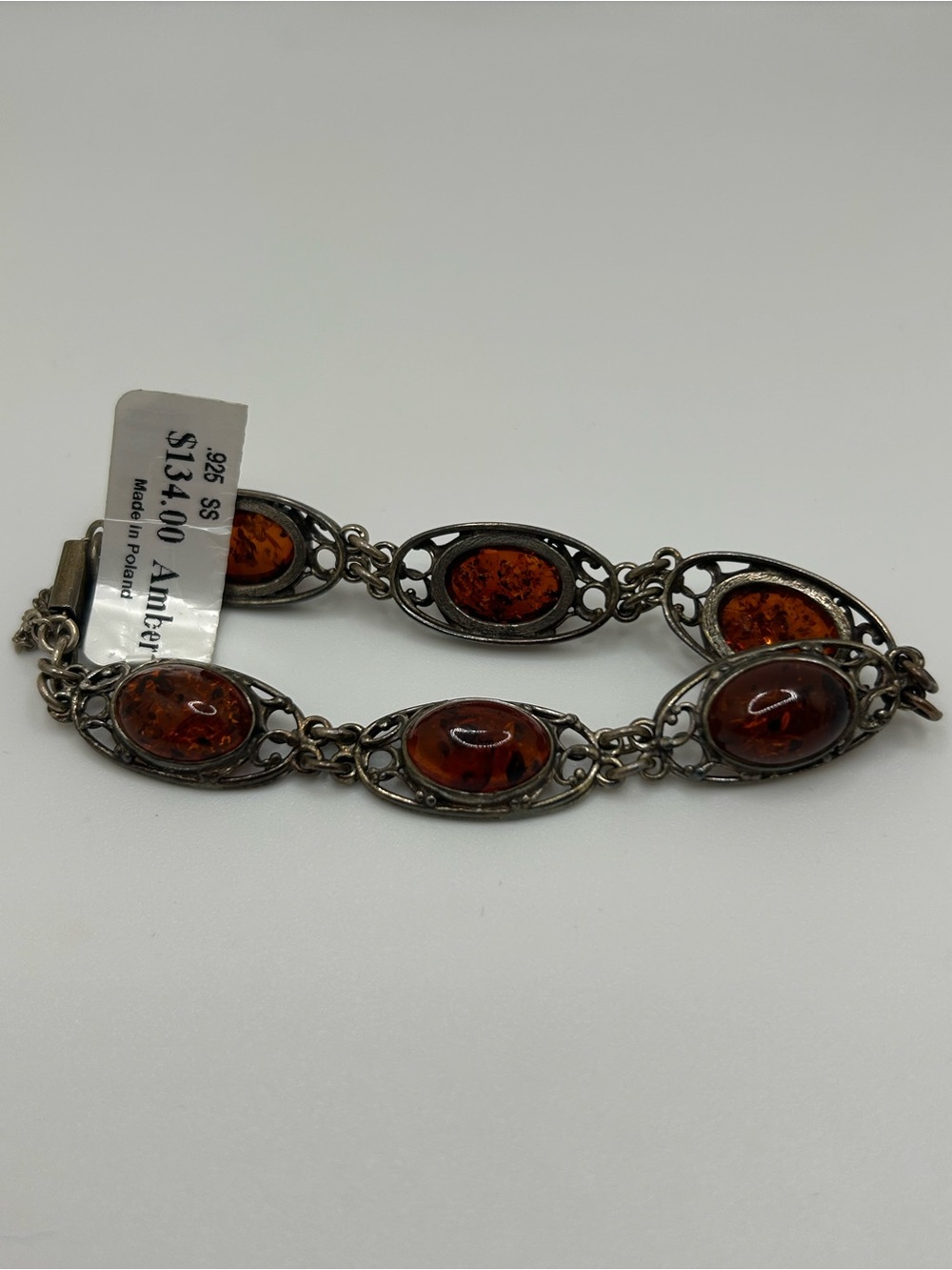 Vintage Sterling Silver Amber Cabochon Link Bracelet